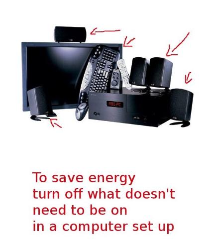 A high electric bill is not due to a computer's ap - A high electric bill is not due to a computer being on all the time. Even if the computer was made in the 1980's it wouldn't suck that kind of electrical power. Turning off the monitor and speakers will save on the electrical uptake of a computer tho. Today's computers consume the amount of power a coffee pot does.