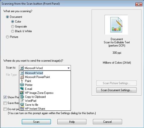 my scanner - A scan settings prompt from my scanner, HP PSC 1400.