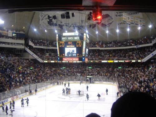 The Pens - The Penguins rally off the ice in their home, Mellon Arena, after just winning against the Philadelphia Flyers in an overtime shootout, the final score being 4-3.
