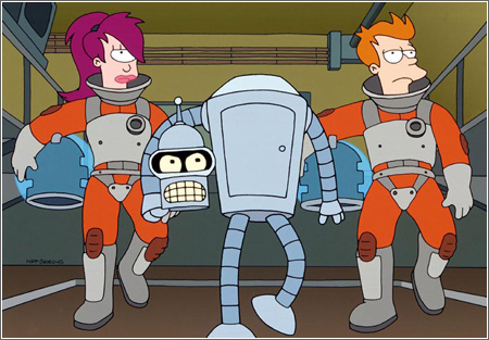 futurama - Fry and Leela carrying helmets and Bender carrying his head. Lol