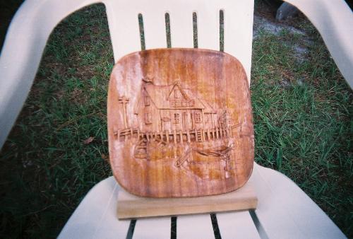 Cabin Wood carving - Woodcarving of a cabin and little boats