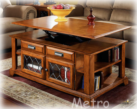 Solid Wood Lift up Top Coffee Table With Door Shel - The functional coastered cocktail table features an unique lift-top design that fits perfectly within any active living environment. Decorate your home with the traditional look of the 'Drake Estates' occasional table collection.
