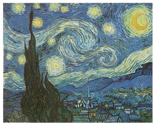 Starry Night by Vincent Van Gogh - This is one of the ones I had Cafe Press make into a tee shirt, I love it so! It is part of the Dover royalty-free CD-ROM & Book combinations I love; I have 13 of them. This one is called '120 Great Impressionist Paintings.' There's some fabulous stuff in here.