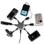 6 device electornic charger - This six-way power station can charge multiple cell phones, PDAs, digital cameras, phone headsets, and MP3 players in an organized spot that only requires the use of one outlet.