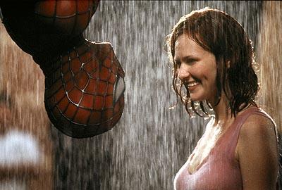 Spiderman kisses Mary Jane - what a kiss is what Mary Jane probably thinks in this scene. don't you think? I love how they did this scene in the rain. nice touch for Hollywood to decide this.