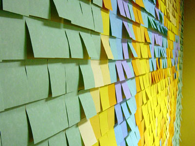 Do you use self-adhesive post-it&#039;s? - A picture of a whole lot of post it notes stuck on a wall.