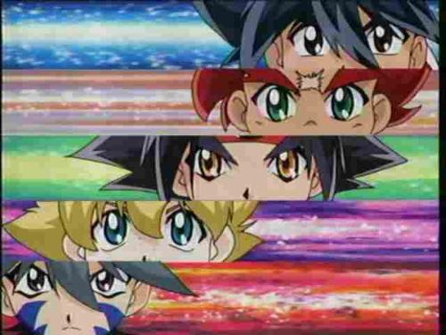 Beyblade - The main characters of the anime, Bakuten Shoot Beyblade: G-Revolution. This picture features the members of BBA Revolution (Bladebreakers.) From top to bottom, they are: Takao Kinomiya (Tyson Granger), Daichi Sumeragi, Rei Kon, Max Mizuhara (Max Tate) and Kai Hiwatari.