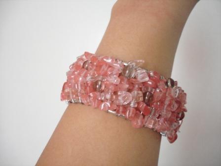 Cherry Quartz Beaded Cuff - Beaded cuff made with Cherry Quartz chipstones and accented with quartz semi-precious stones