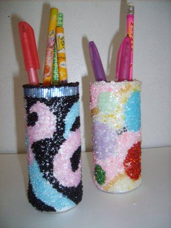 Pencil Holder - made of recycled tissue cardboard tube wrapped with paper and glued with assorted beads. do it yourself and get creative with your own designs