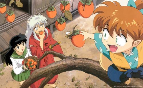 Persimmons - Inuyasha, Kagome, Myouga and Shippou from the anime series Inuyasha by Rumiko Takahashi picking persimmons from a tree.