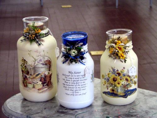 jar candles - These are some of the jar candles I make. I use empty spaghetti jars, spray them white and use decals to put a verse and flowers on it. Add some ribbon and small artificial or dried flowers and you have a super gift for someone special.