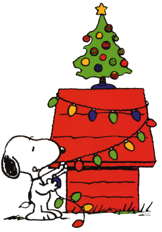 Christmas Is A'Coming! - A Snoopy cartoon, with Snoopy decorating his dog house and Christmas tree with festive lighting