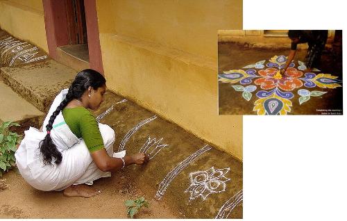 Kolam - They first sprinkle and smear cow dung and then make designs with rice flour.