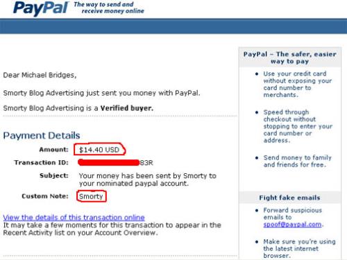 Smorty Payment - This my latest payment from Smorty.