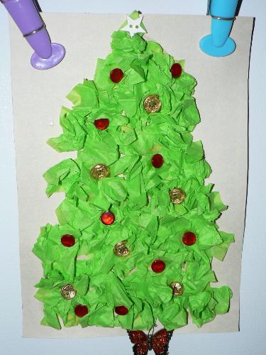 Christmas tree tissue paper craft - This is a picture of the craft completed by my 3 1/2 year old daughter. Refer to the directions I wrote to make this!