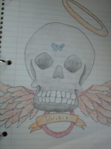 Skull drawing - A skull that i drew, the word on the banner is 'worship'