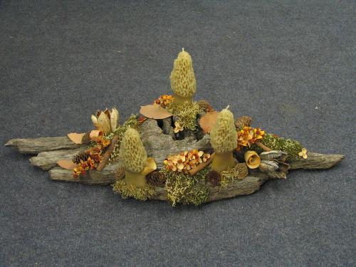 all natural candle centerpiece - This is a center piece I made for a fall decoration. It is 100% all natural items on it. The base is a piece of wood I found in the woods. I then glued on pieces of moss I collected, small pine cones, dried bittersweet flowers, pieces of cinnamon stick and some wood shaving pieces. I then glued some morel mushroom candles I made out of beeswax on it. I also got a blue ribbon at the fair for this projects.