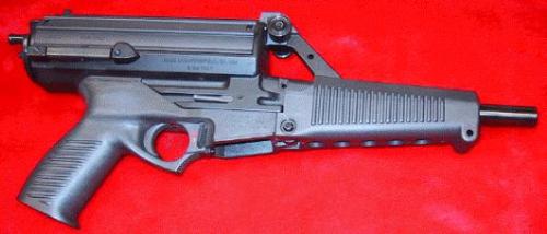 Calico SMG - this is the Calico SMG compact automatic pistol with an unconventional magazine layout (a cylindrical tube on top of the gun itself) giving it a maximum round of 30 9 mm bullets as compared to most pistols that have only 15-18 rounds.