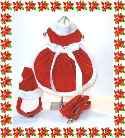 Holiday Dog Clothes - Mrs. Claus Velveteen and fur trimmed Dress with hat and leash! Adorable holiday dog clothes for your pampered pooch! I had my dogs pictured with Santa in these dog clothes! Available at http;//www.Michipet.com!