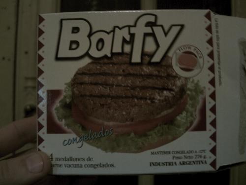 An actual Brand Name of burger patties. - Yes, I bought these frozen burger patties - 4 to a box - and they are quite good. I think it's the number 2 or 3 brand in Argentina. 'Paty' is the number one brand (at least barfy is spelled right) .  Mind you, this is not an English speaking country though English in advertising is very popular (and funny)