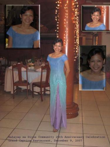 Mimi Pimentel's Gown - This gown was spared to me by my officemate. It is not hers but of her niece.   I wore the gown during our 25th anniversary in one of the communities I am involved. We were advised to wear a formal attire. A long gown was for women, and a tuxedo was for men.  This occasion was one memorable experience for me. Wearing a gown and feeling so beautiful, I was like a royal blooded princess.  Thanks to my sponsor for the gown, make-up, and accessories.