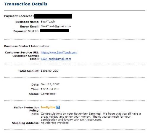 November Payment from SwatCash - Paid $306 via Paypal from Swatcash!