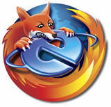 Firefox vs. IE7 - A picture of the Mozilla Firefox chewing on the Internet Explorer logo.