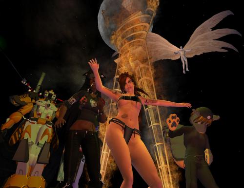 Life - When I began taking screenshots for Wired magazine's 'Let's Go Second Life' feature this month, Burning Life was still weeks away. Unable to wait for the official Burning of the Man, I got a copy of the wooden figure from Ryan Linden, set it out on an empty sim, put up an artificial moon, had a scripting expert set the Man ablaze-- then called together a group of diverse volunteers, to recreate the annual orgiastic frenzy. Thanks to the flame, the dancers, and the local light sources they were wearing, I like to think these screenshots are some of the best I've taken. (And since all the graphics features were turned up full, my viewer crashed several times, to get them.)