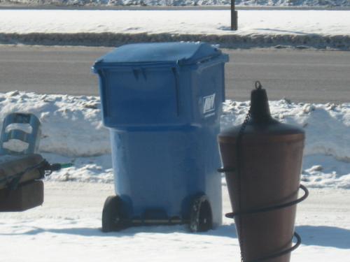 My garbage sitting for pick up - Didn't want to go out in the cold, so I took this from my couch. HAHAHA!