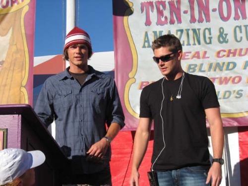 Jensen Ackles and Jerad Padalecki Supernatural set - This was taken during the filming of the season two episode 'Everybody Loves a Clown.'