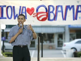 Barack Obama on an Iowa campaign trail - Barack Obama address Iowans on his campaign trail in this file photo courtesy of www.politoco.com Barack Obama on an Iowa campaign trail - Barack Obama address Iowans on his campaign trail in this file photo courtesy of www.politoco.com