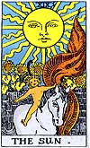 The Sun - from the Rider-Waite Deck - This is my favourite card in the whole deck for when you turn this card over in a reading you know that you can tell this person that anything that they are thinking of starting, now is the time to do it and anything that they put they're heart into they will conquer because this card tells the querent that it is their time to shine.