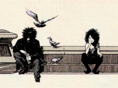Dream and Death - This panel is taken from the first book of the collected Sandman series by Neil Gaiman. I don't remember what issue this was originally, but in the story-arc this would be after Morpheus had his revenge on his captors (burgess, et al.)