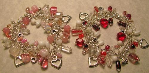 Red and Pink Heart Bracelets - These were sold on Etsy 1/18/08 as a custom order for a customer that saw another one of my bracelets in my shop and wanted something similar, but her own color combos.
