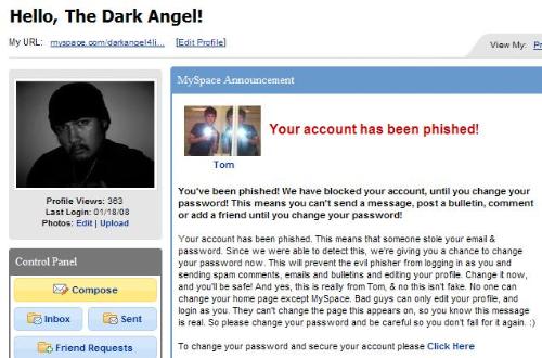 Bad experience with Myspace - This is an image of bad experience with myspace getting my site phished attack.