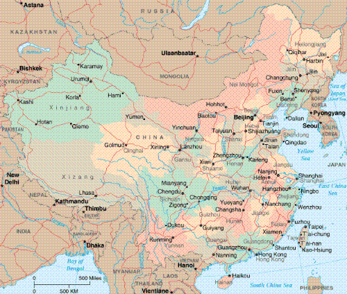 Map of China - China is a large country and main cities are not pegged together