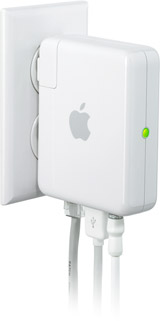 Airport Express - WiFi base station from Apple - very convenient to save space and keep cables controlled.