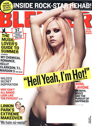 Avril Lavigne - From the June issue. Best proof Avril hasn't lost her sense of humor and/or may be less smart than we think:'Lavigne claims, 'I used to drink like a motHER :X. But I'm way more mature now … I don't drink that much … only in moderation.' So when's the last time you puked? 'Last week.''Best reason for Avril to get older: She spent her last birthday drinking Jäger shots, drunken scooter-driving, and throwing up on the side of the road. Best metaphor for her music and/or unintentional suggestion for an Avril-themed drink:'Christmas candy canes dissolved in Red Bull spiked with Everclear.'Best reason to believe her marriage to Sum 41's Deryck Whibley will last:'Whibley, apparently, doesn't get too freaked out if Avril barfs in both the 'hers and his' bathrooms in their new house.'Best reason why her song'I Can Do Better' is so friggin' awesome (hic!): She drank an entire bottle of Limoncello while recording it.