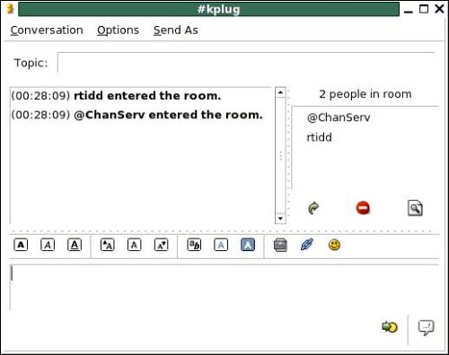 Chatting - From the main window again select Buddies-Join a Chat You end up with this screen. You may need to pull down the Joun Chat As selection list, and then enter #kplug into the Channel: text box. And voila you are chatting in the KPLUG channel.