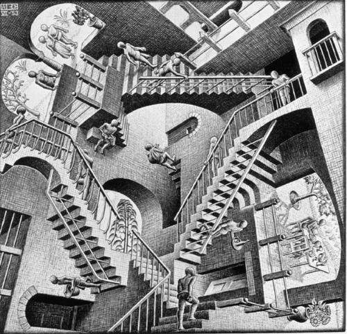 Escher's Relativity - This is the painting that hangs in Sarah's room in the movie. It is also the inspiration for the Escher room in Jareth's castle where the climax is set.