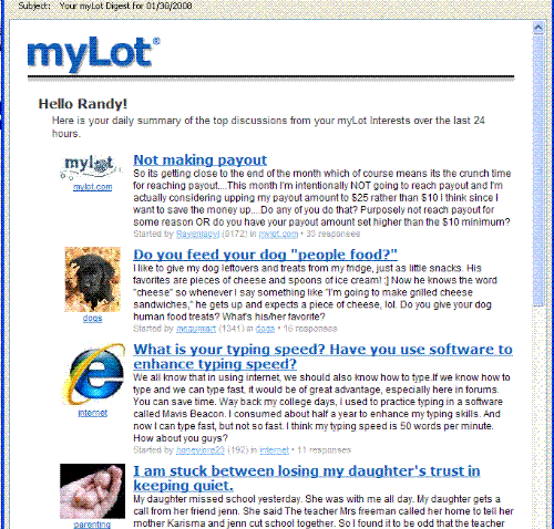 Screenshot of the myLot Digest - This is a sample of the new myLot Digest that is sent out to myLot members who have selected the 'subscribe to newsletter' option within their account preferences. The digest summarizes the most active topics from your interests from the previous 24 hours.