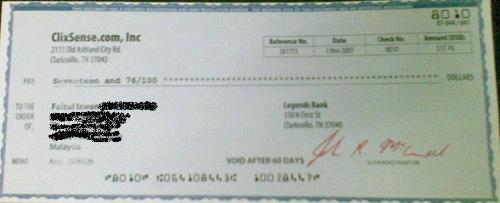 Clixsense cheque - Cheque proof of the payout by clixsense.
