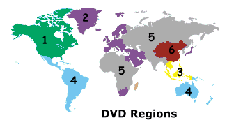 DVD Region Codes - Map of all the DVD region codes.