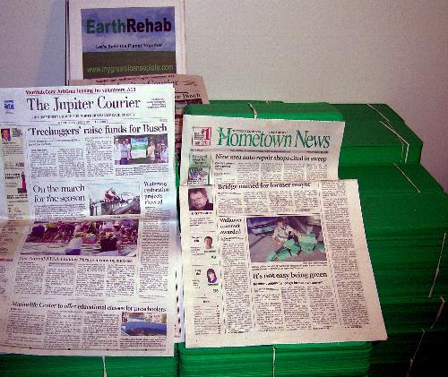 Newspaper covers for EarthRehab - Front page news covers in Florida for the Green License Plate campaign.