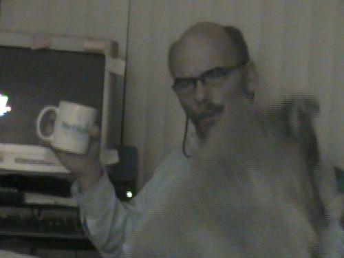 One more close-up of Walker and Pebbles!!  - I think Pebbles wants Walker's coffee cup!! LOL