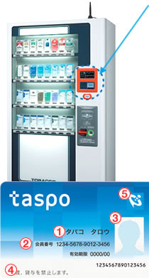 Smart card for cigarette machines - Japan has started accepting applications for taspo age-verification cards to be used at cigarette-vending machines starting in March. Smart card for cigarette machines - Japan has started accepting applications for taspo age-verification cards to be used at cigarette-vending machines starting in March.