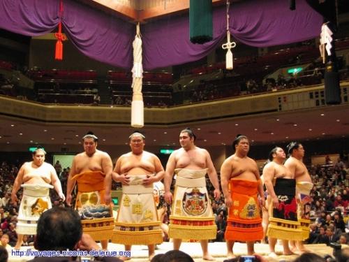 Sumo ceremony - Sumo fighters performing an opening ceremony