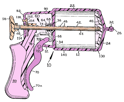 Milk - Milk Gun US Patent Issued In 2003  Hey, what do you get when you cross a baby's bottle with a calking gun? The accurate yet asinine Milk Gun, designed to feed your baby milk and flowable foods at the touch of a trigger! You load this thing like a cookie dough dispenser and then try to coax baby to latch on to the nipplish-like feeding tip (# 26). While the wee one is staring down the barrel of your super-sized squirt gun, simply pull the trigger to start calking, er, we mean to feed the flowing food to your burping bambino. What's that you say... angel face would prefer to cry rather than eat right now? No problemo! Next time your little cherub's mouth is open and crying, take careful aim and quickly squirt some milk into her cute kisser.
