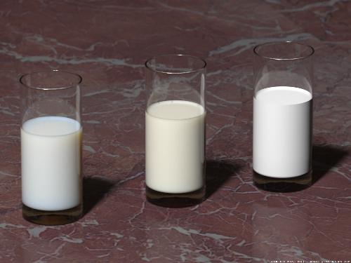 Milk - This image shows how milk can be rendered realistically using the BSSRDF model. From left to right we see skim milk, whole milk, and diffuse milk. The diffuse milk has been rendered using a traditional BRDF model, which results in a hard appearance making the milk look more like white paint rather than milk.