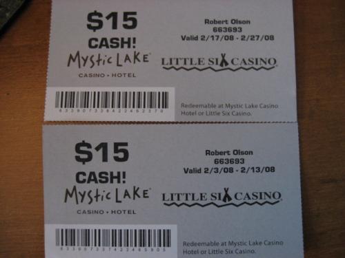 $15 Comped Cash - I love these comps I always get from Mystic Lake Casino $15 Comped Cash - I love these comps I always get from Mystic Lake Casino